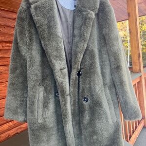 Marc O Polo Olive Green Long Faux Fur Coat